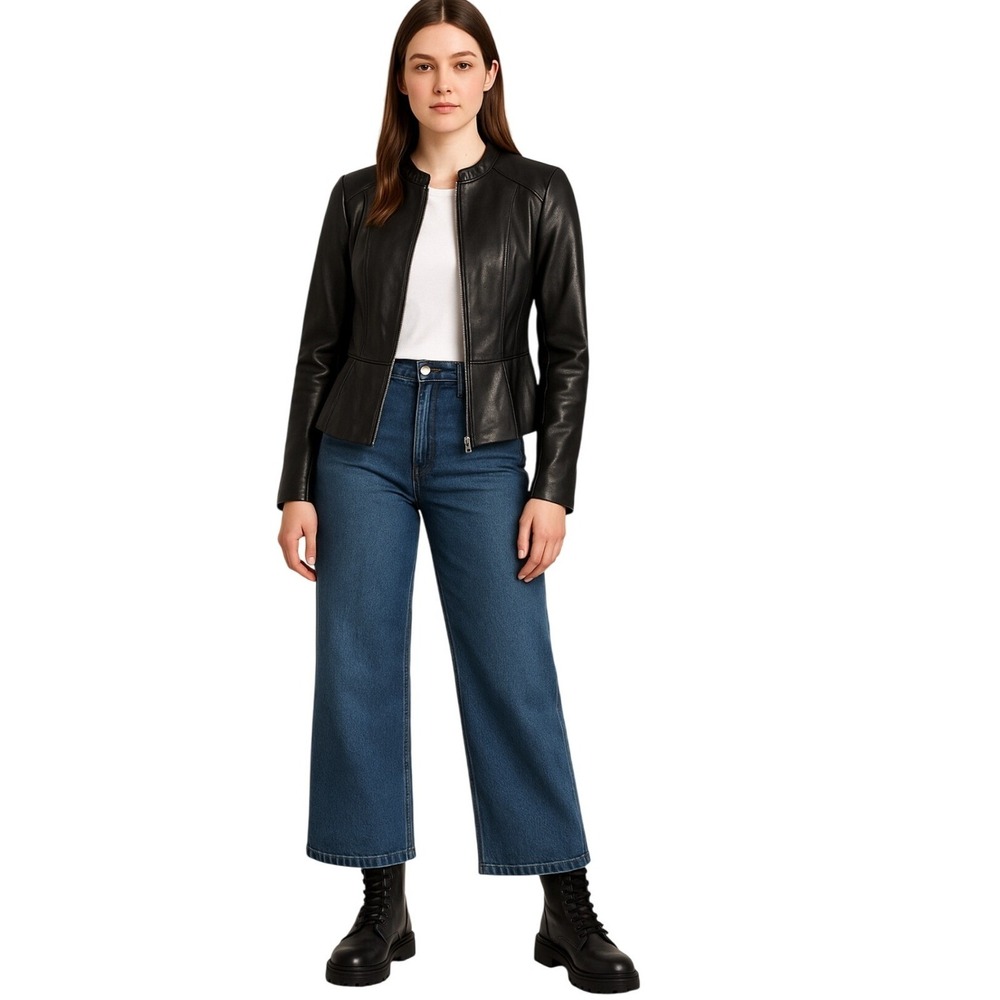 Karl Lagerfield XS Butter Soft Peplum Leather Jacket Full Zip Excellent Cond.